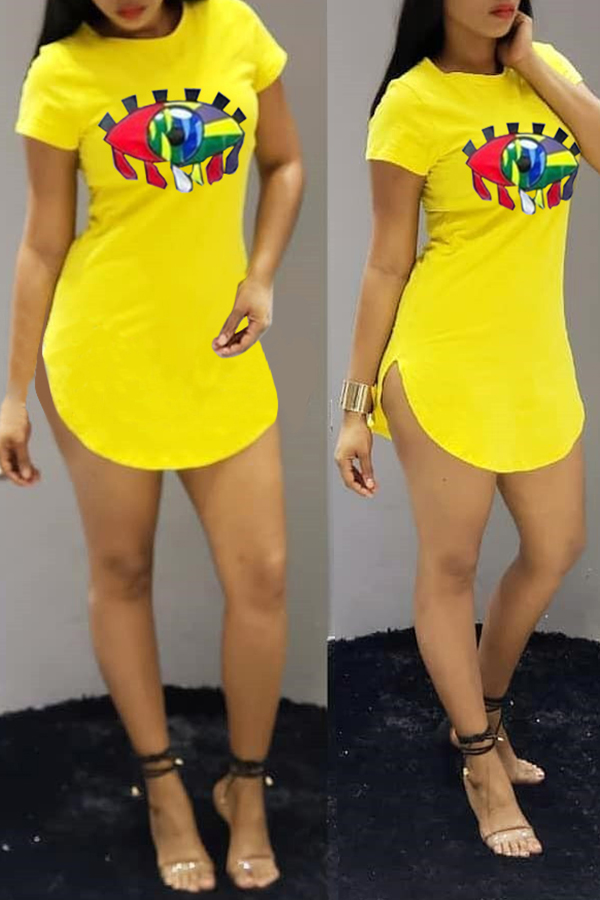 

Lovely Casual Short Sleeve Yellow Mini Dress(With Elastic)