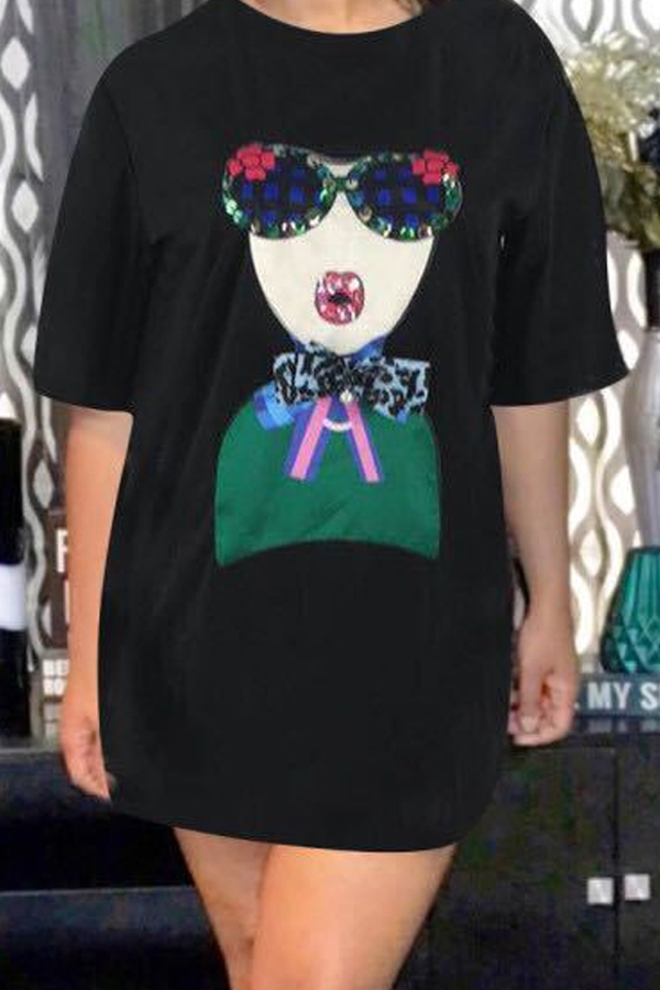 

Lovely Casual Cartoon Printed Black Mini Dress
