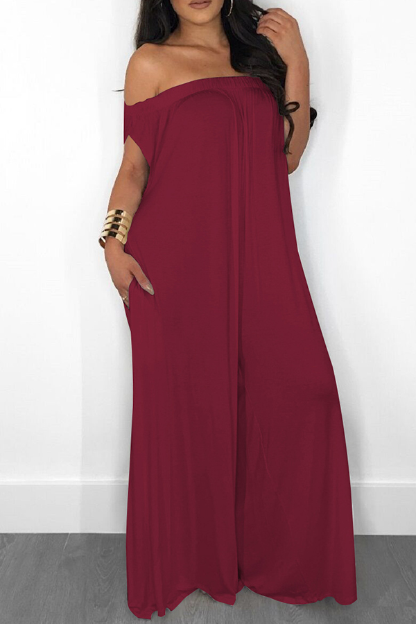 

Lovely Casual Off The Shoulder Wine Red Loose One-piece Jumpsuit