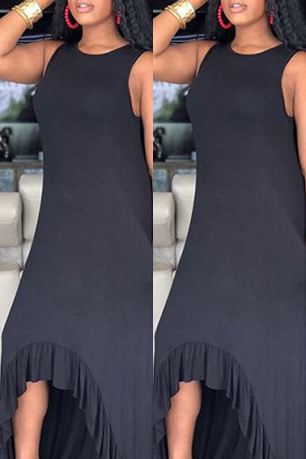 

Lovely Casual Asymmetrical Black Ankle Length Dress(With Elastic)