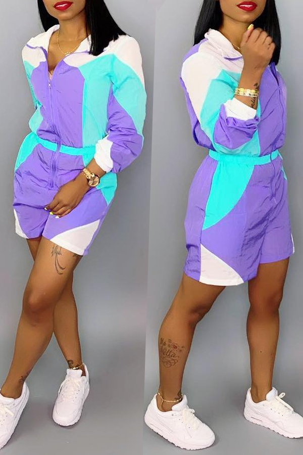 

Lovely Casual Patchwork Purple One-piece Romper(Nonelastic
