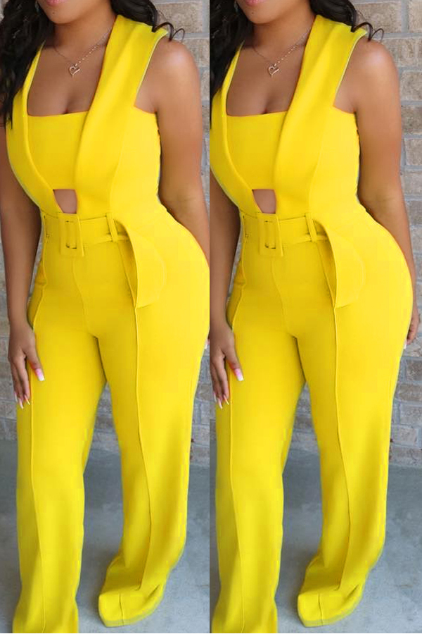 

Lovely Stylish Hollow-out Yellow One-piece Jumpsuit(With Elastic)