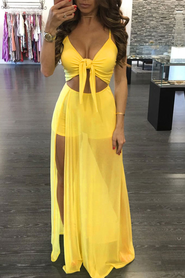

Lovely Sexy V Neck Hollow-out Yellow Floor Length Maxi Dress
