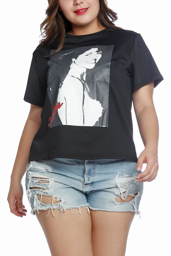 

Lovely Casual O Neck Printed Black T-shirt