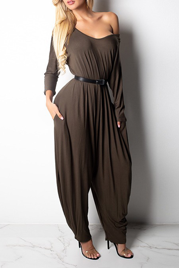

Lovely Casual One Shoulder Army Green One-piece Jumpsuit(Without Belt)