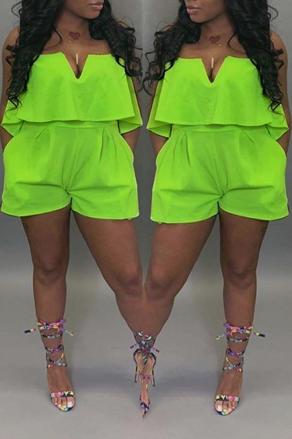 

Lovely Casual Ruffle Design Green One-piece Romper