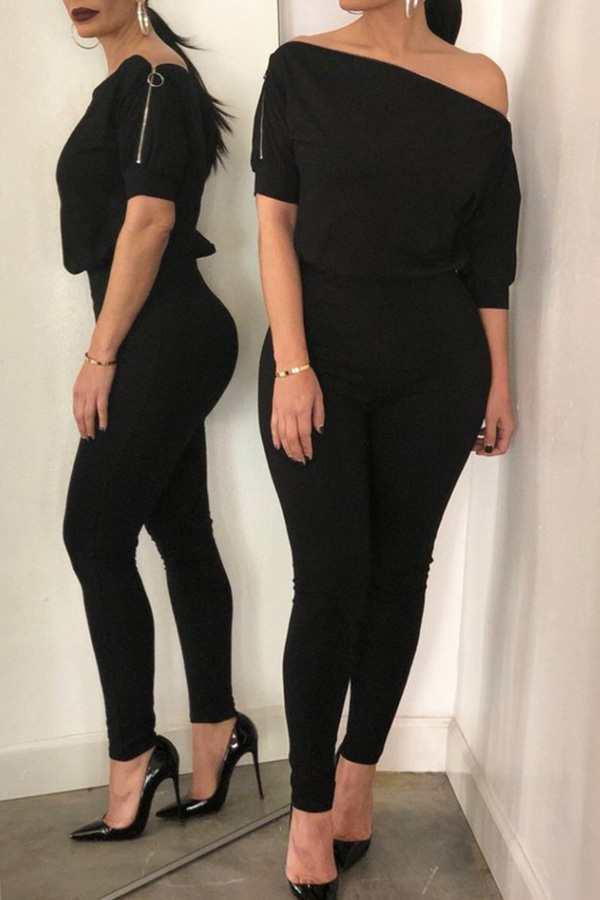 

Lovely Casual One Shoulder Black One-piece Jumpsuit