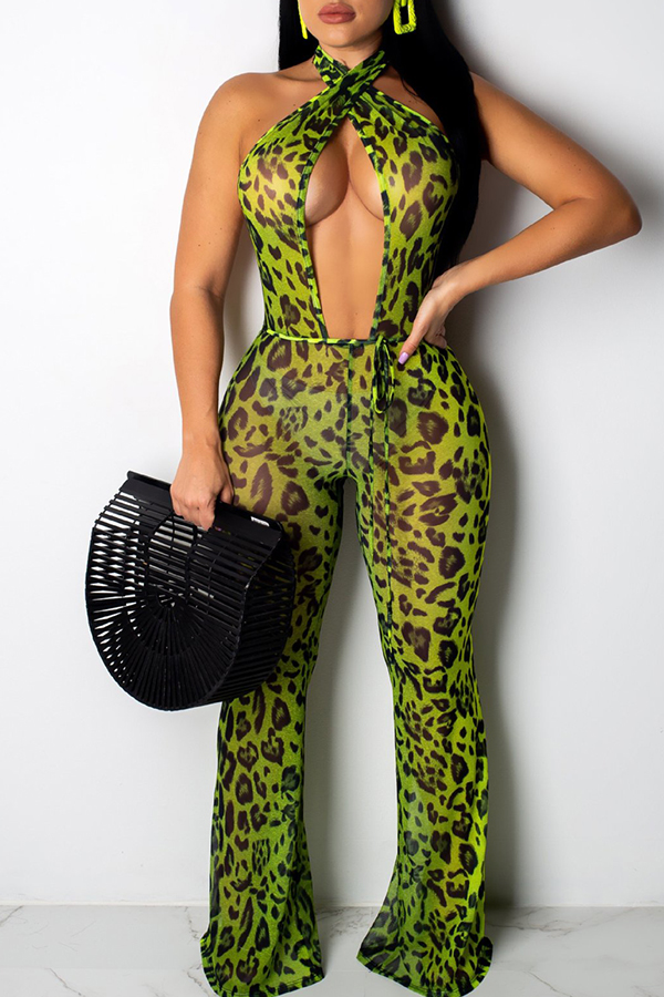 Lovely Sexy Leopard Printed Hollow out One piece Jumpsuit With Elastic 