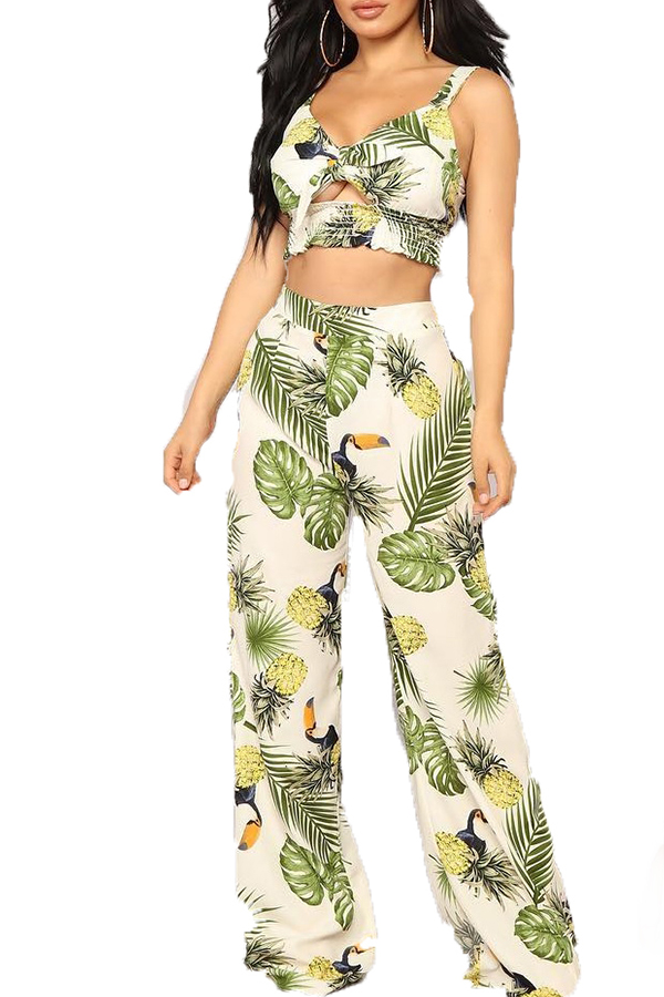 

Lovely Trendy Pineapple Printed White Two-piece Pants Set