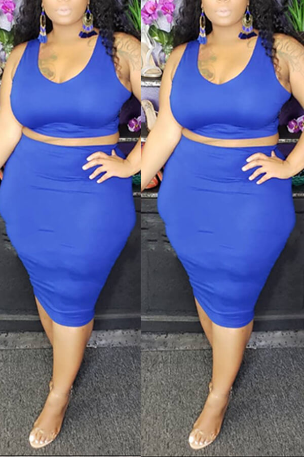 

Lovely Casual O Neck Sleeveless Blue Two-piece Skirt Set