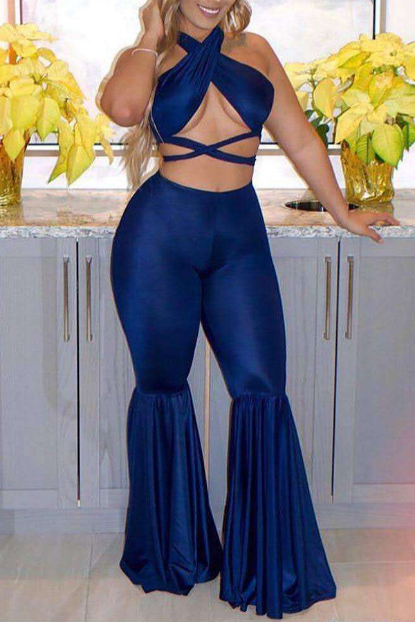 

Lovely Sexy Hollow-out Blue Two-piece Pants Set