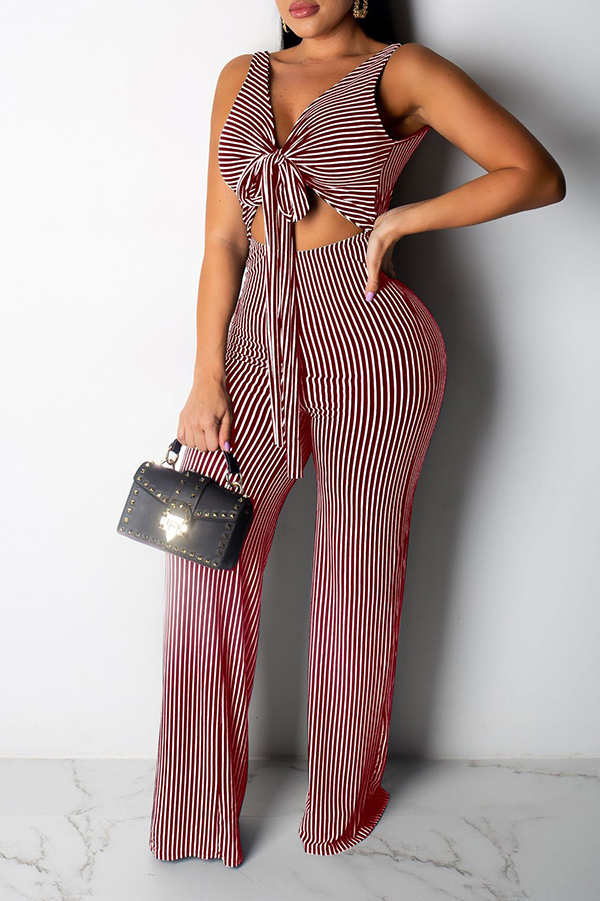

Lovely Trendy V-shaped Backless Striped Wine Red One-piece Jumpsuit