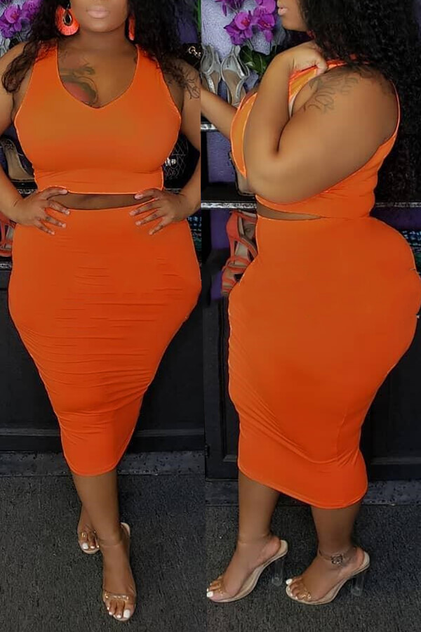 

LW Casual O Neck Sleeveless Orange Two-piece Skirt Set