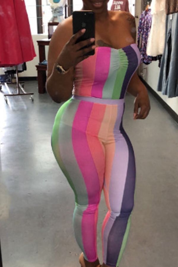 

Lovely Chic Off The Shoulder Striped Light Pink One-piece Jumpsuit(With Elastic)