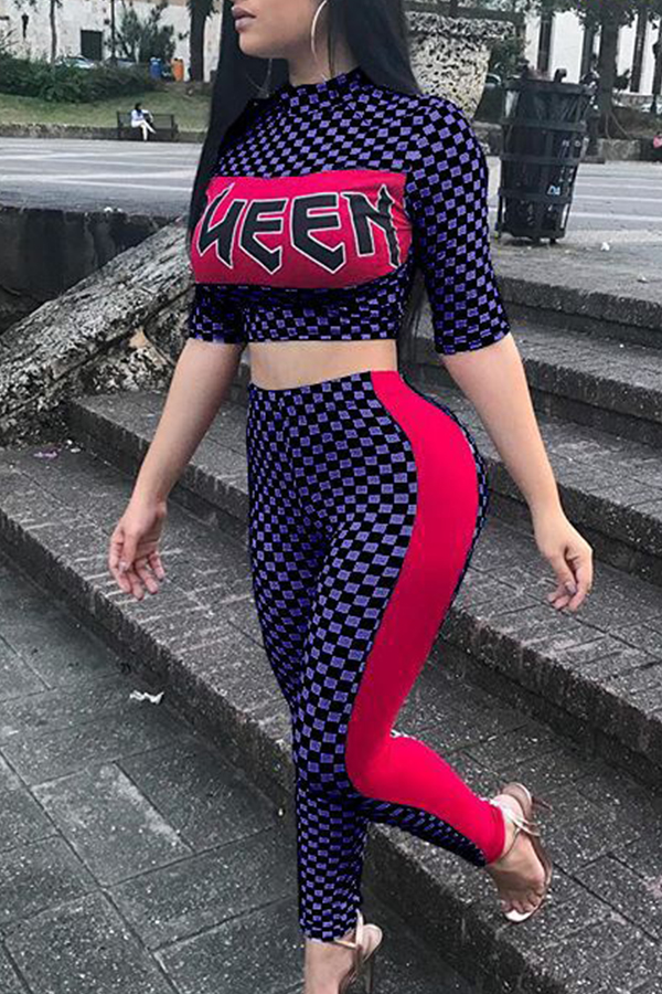 Lovely Women’s Plaid Printed Patchwork Dark Blue Two-piece Pants Set
