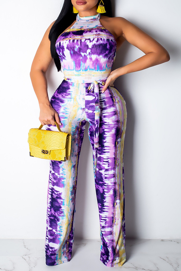 

Lovely Bohemian Halter Neck Printed Purple One-piece Jumpsuit