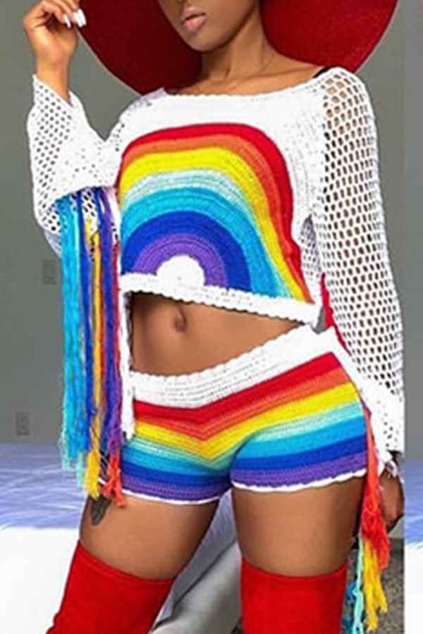 

Lovely Casual Rainbow Printed White Two-piece Shorts Set