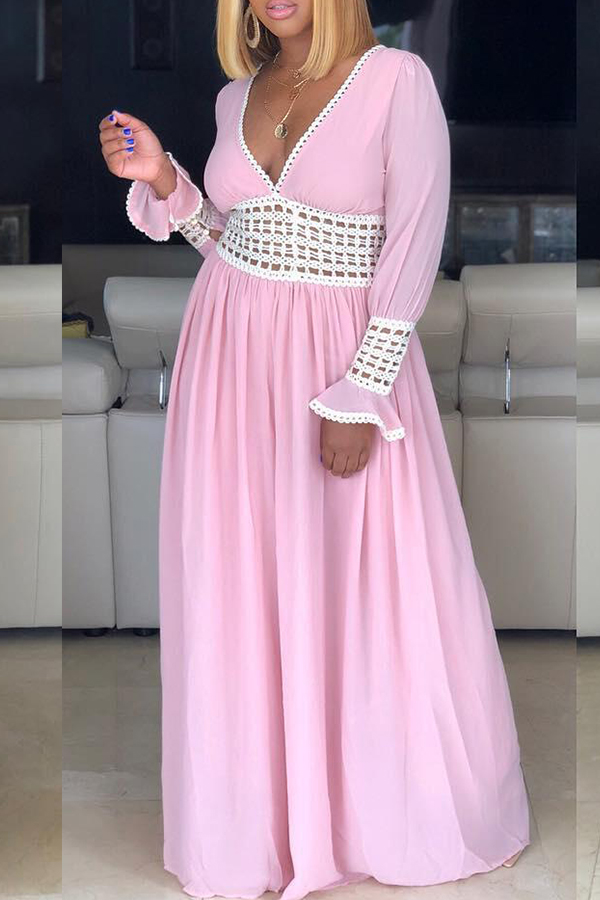 

Lovely Stylish V Neck Patchwork Hollow-out Pink Floor Length Dress