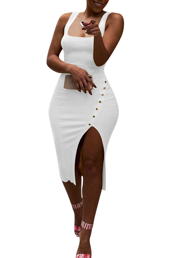 Lovely Casual Side Split White Knee Length Dress(With Elastic)_Dresses ...