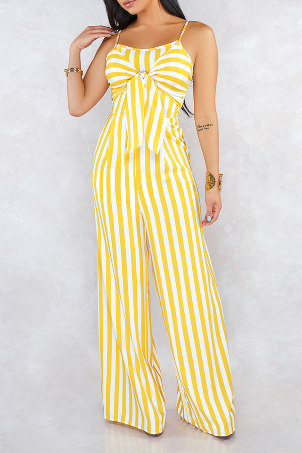 

Lovely Stylish Spaghetti Straps Striped Yellow One-piece Jumpsuit