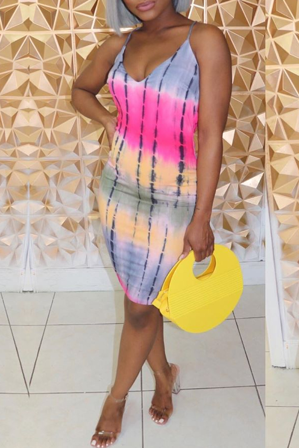 

Lovely Casual V Neck Printed Multicolor Knee Length Dress