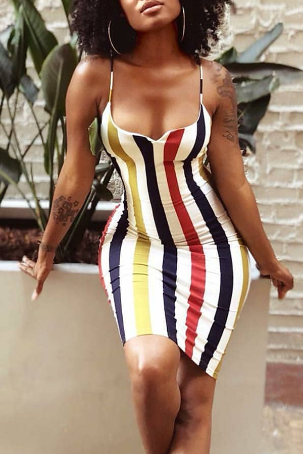 

Lovely Casual Spaghetti Strap Striped Mini Dress