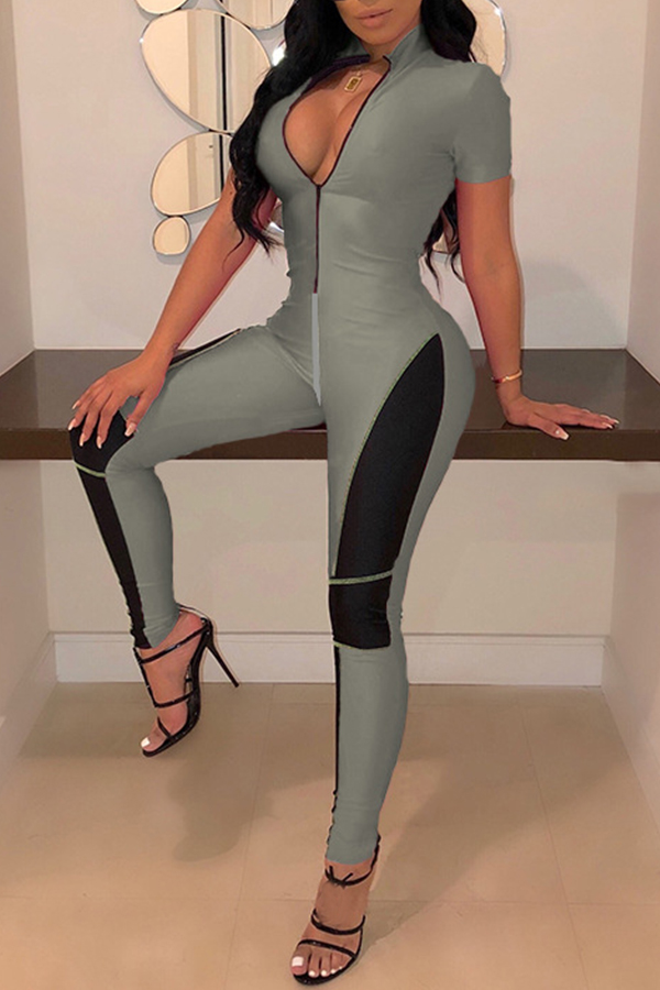 

Lovely Casual Patchwork Zipper Design Grey One-piece Jumpsuit(With Elastic