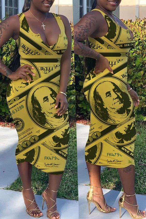 

Lovely Casual U Neck Tank Sleeveless Letter Printed Yellow Mid Calf Dress