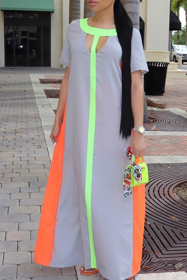 

Lovely Casual O Neck Patchwork Grey Ankle Length Maxi Dress