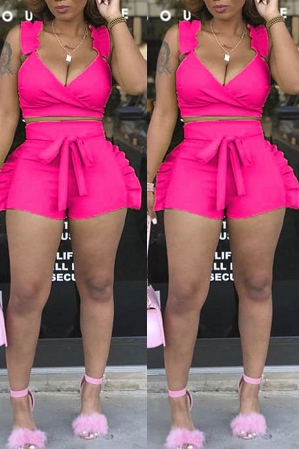 

Lovely Stylish Lace-up Rose Red Two-piece Shorts Set