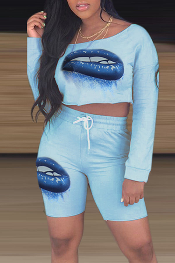 

Lovely Casual Lips Printed Blue Two-piece Shorts Set