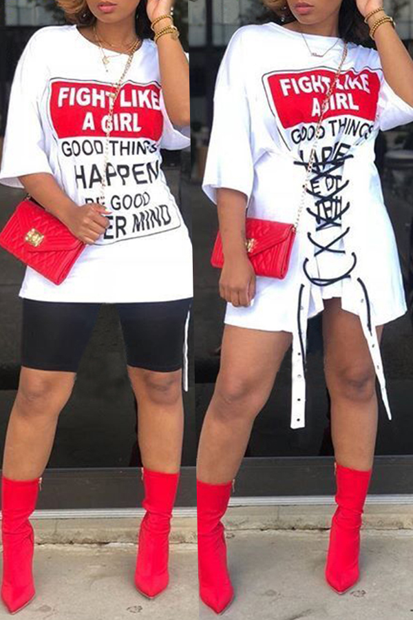 

Lovely Casual Printed Lace-up White Mini Dress