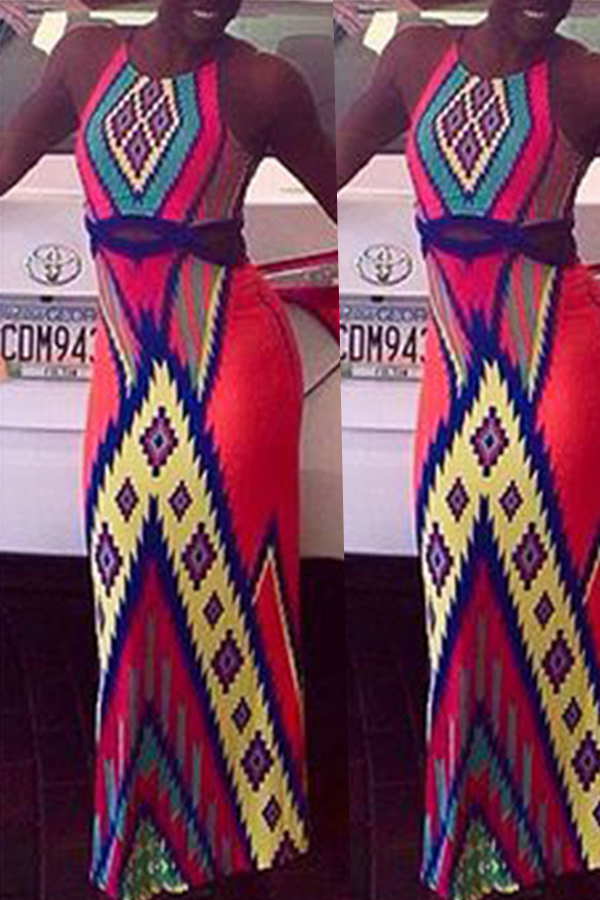 

Lovely Bohemian Printed Red Floor Length Dress