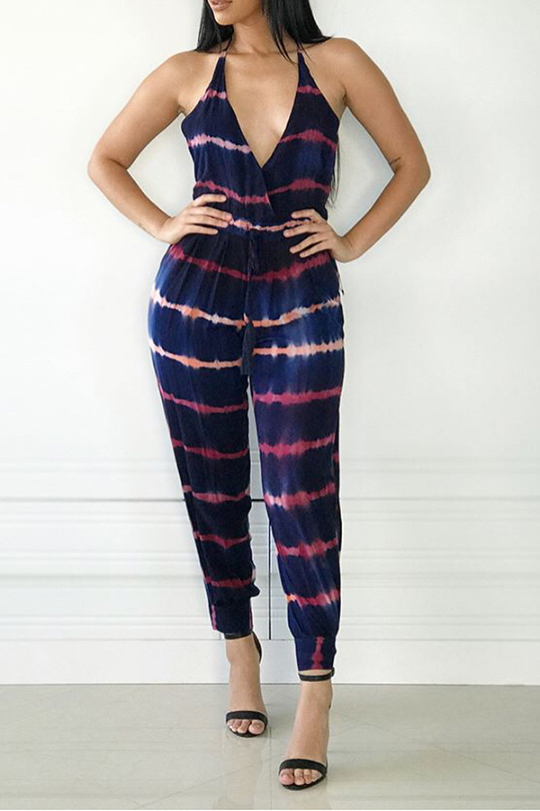 

Lovely Sexy Halter Neck Printed Dark Blue One-piece Jumpsuit