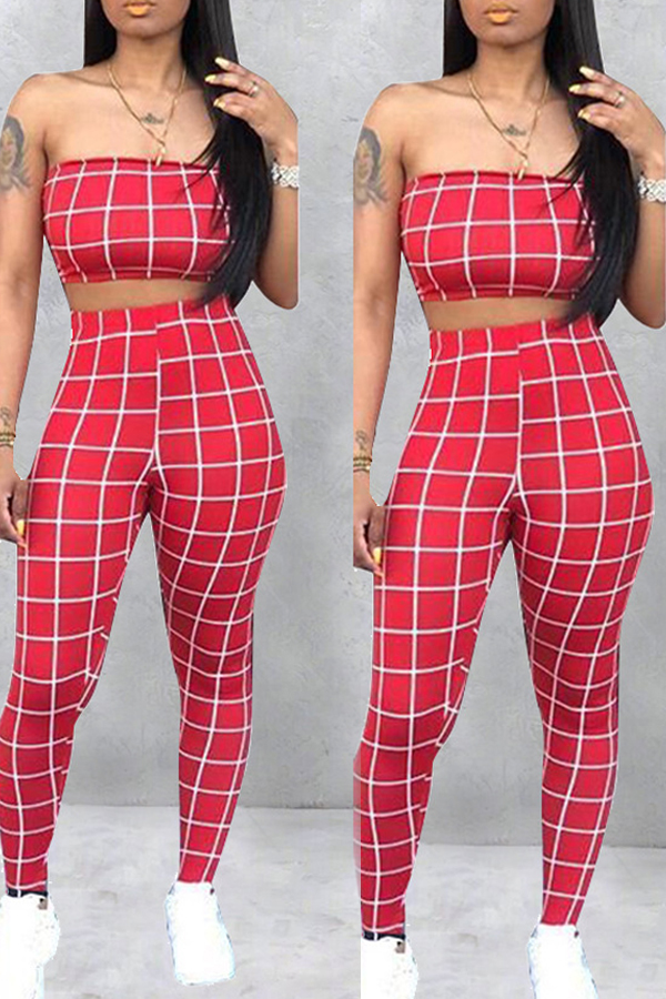 

Lovely Women’s Off The Shoulder Plaid Red Two-piece Pants Set
