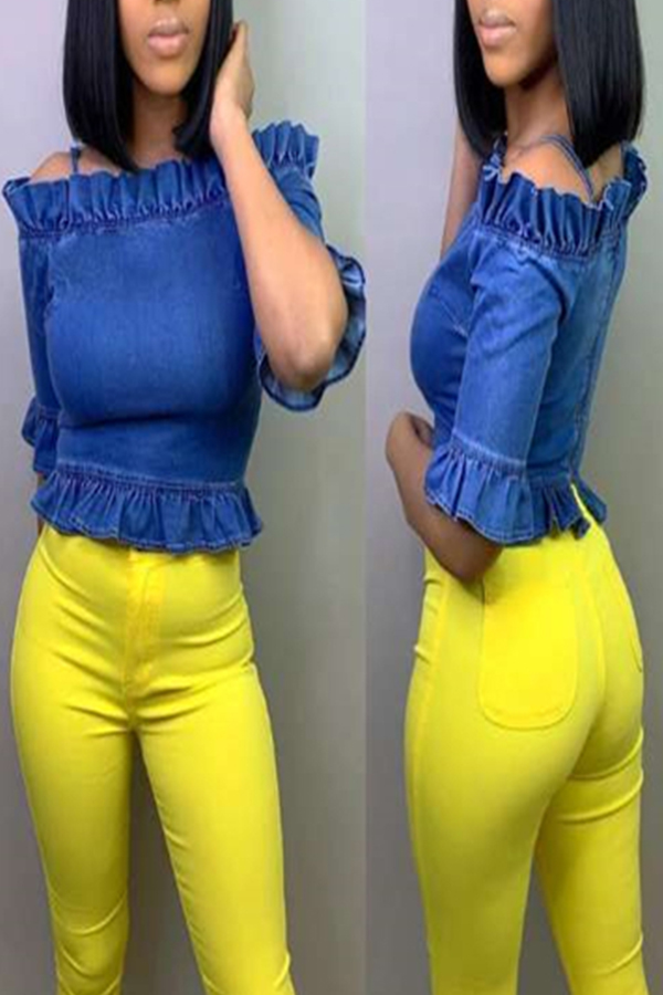 

Lovely Casual Ruffle Design Blue Blouse