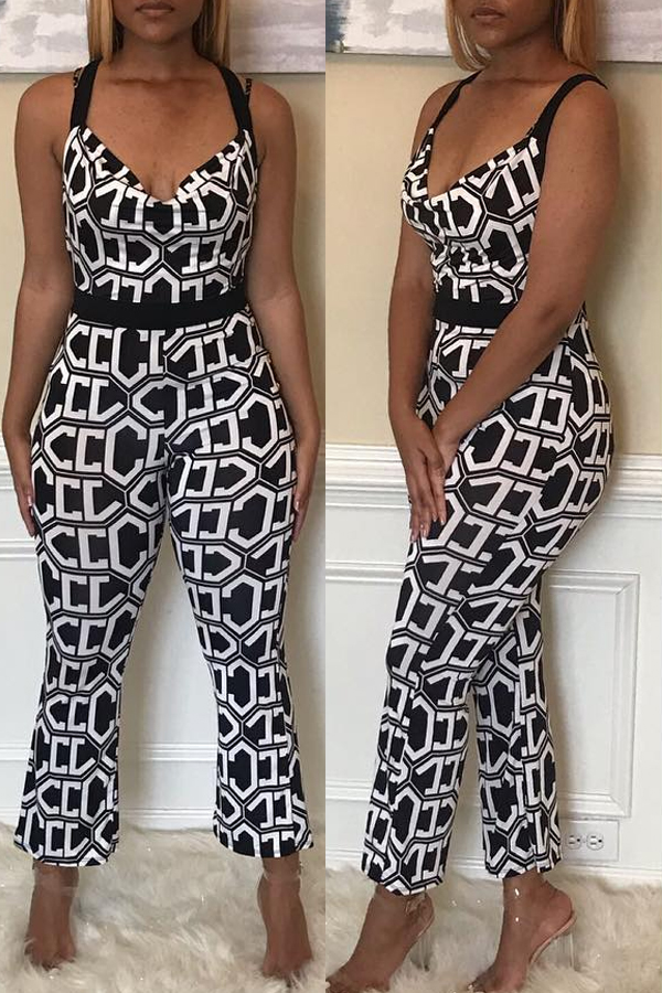 

Lovely Stylish Halter Neck Printed Patchwork Black One-piece Jumpsuit