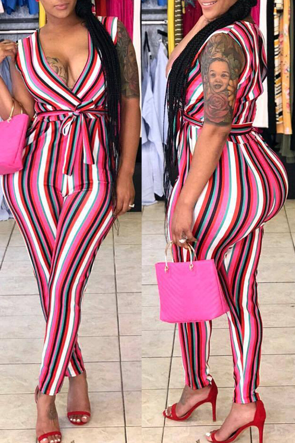 

Lovely Stylish V Neck Striped Lace-up Pink One-piece Jumpsuit