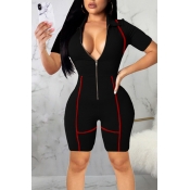 Lovely Casual Zipper Design Black One-piece Romper