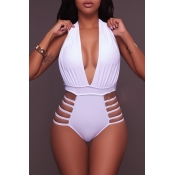 Lovely Deep V Neck Hollow-out White One-piece Swim