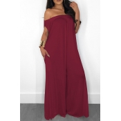 Lovely Casual Off The Shoulder Wine Red Loose One-