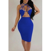 Lovely Sexy Hollow-out Blue Knee Length Dress(With
