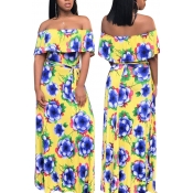 Lovely Off The Shoulder Flower Printed Yellow Floo