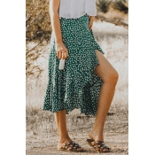 Lovely Bohemian Asymmetrical Printed Green Skirt