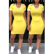 Lovely Casual Patchwork Yellow Mini Dress(With Ela