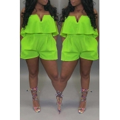Lovely Casual Ruffle Design Green One-piece Romper