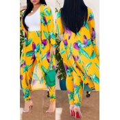Lovely Feather Printed Yellow Two-piece Pants Set