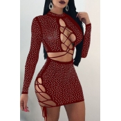 Lovely Sexy Hollowed-out Wine Red Two-piece Skirt 
