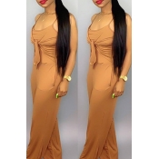 Lovely Casual Knot Design Khaki One-piece Jumpsuit