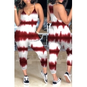 Lovely Casual Tie-dye Wine Red Loose One-piece Jum